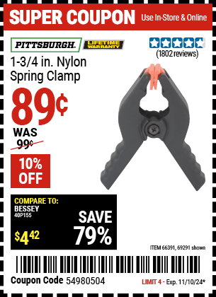 Harbor Freight Coupons, HF Coupons, 20% off - PITTSBURGH 1-3/4 in. Nylon Spring Clamp for $0.79