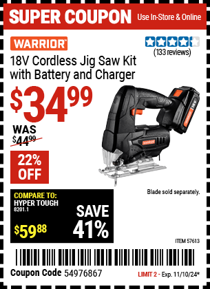 Harbor Freight Coupons, HF Coupons, 20% off - WARRIOR 18V Cordless Variable Speed Jig Saw Kit 