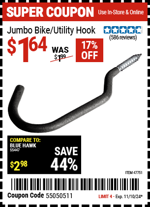 Harbor Freight Coupons, HF Coupons, 20% off - Jumbo Bike/utility Hook