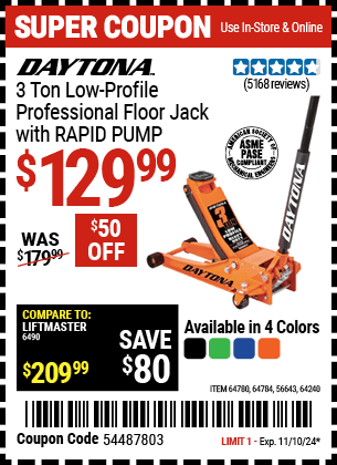 Harbor Freight Coupons, HF Coupons, 20% off - Daytona Rapid Pump 3 Ton Steel Low Profile Floor Jacks