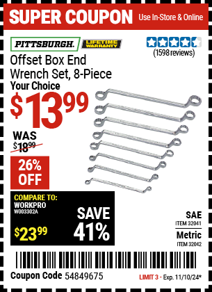 Harbor Freight Coupons, HF Coupons, 20% off - 8 Piece Offset Box Wrench Sets