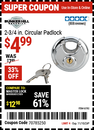 Harbor Freight Coupons, HF Coupons, 20% off - 2-3/4 in. Circular Padlock