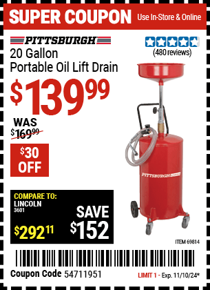 Harbor Freight Coupons, HF Coupons, 20% off - 20 Gallon Portable Oil Lift Drain