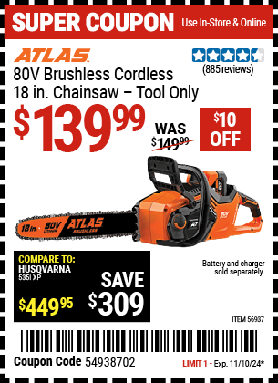 Harbor Freight Coupons, HF Coupons, 20% off - ATLAS 80v Lithium-Ion Cordless 18 in. Brushless Chainsaw 