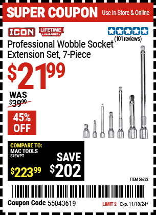 Harbor Freight Coupons, HF Coupons, 20% off - Professional Wobble Socket Extension Set, 7 Pc.