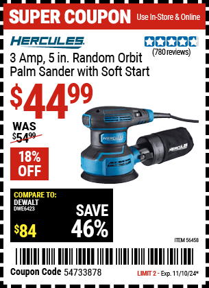 Harbor Freight Coupons, HF Coupons, 20% off - 3  Amp Corded 5 in. Variable Speed Random Orbital Sander