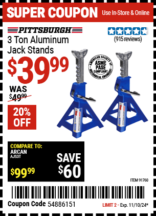 Harbor Freight Coupons, HF Coupons, 20% off - 3 Ton Aluminum Jack Stands