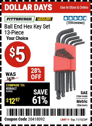 Harbor Freight Coupons, HF Coupons, 20% off - 13 Piece Ball End Hex Key Sets