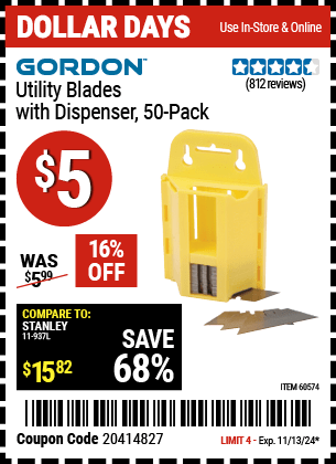 Harbor Freight Coupons, HF Coupons, 20% off - Utility Blades With Dispenser Pack Of 50