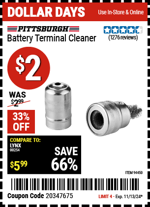 Harbor Freight Coupons, HF Coupons, 20% off - Battery Terminal Cleaner