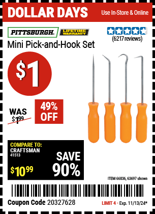 Harbor Freight Coupons, HF Coupons, 20% off - 4 Pc. Pick And Hook Set