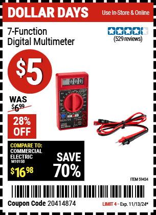 Harbor Freight Coupons, HF Coupons, 20% off - 7-Function Digital Multimeter for $4.92