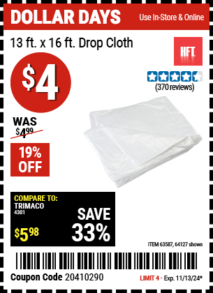 Harbor Freight Coupons, HF Coupons, 20% off - 13 ft. x 16 ft. Drop Cloth