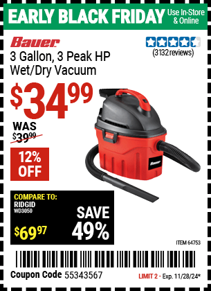 Harbor Freight Coupons, HF Coupons, 20% off - 3 Gallon Wet/dry Vacuum