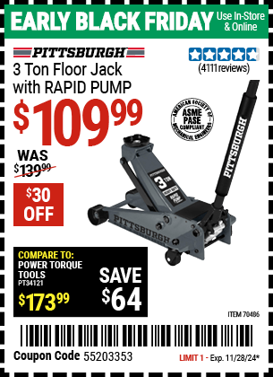 Harbor Freight Coupons, HF Coupons, 20% off - PITTSBURGH 3 Ton Floor Jack with RAPID PUMP for $119.99