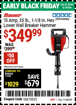 Harbor Freight Coupons, HF Coupons, 20% off - Bauer 15amp Pro Demolition Hammer Kit