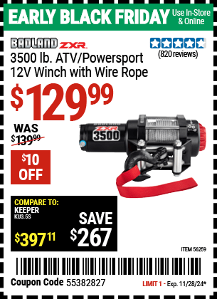 Harbor Freight Coupons, HF Coupons, 20% off - BADLAND 3500 Lb. ATV/Powersport 12V Winch With Automatic Load-Holding Brake for $119.99