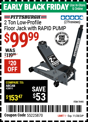 Harbor Freight Coupons, HF Coupons, 20% off - PITTSBURGH 2 Ton Low-Profile Floor Jack with RAPID PUMP for $109.99