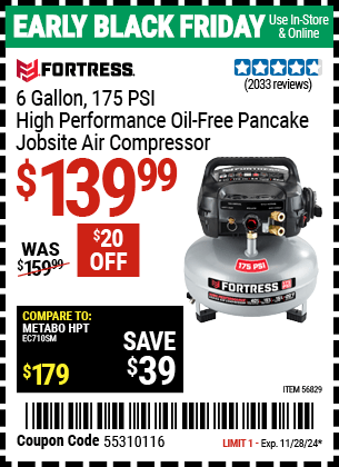 Harbor Freight Coupons, HF Coupons, 20% off - FORTRESS 6 Gallon 175 PSI High Performance Hand Carry Jobsite Air Compressor for $119.99