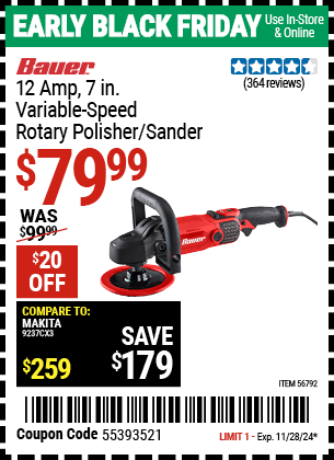 Harbor Freight Coupons, HF Coupons, 20% off - BAUER Corded 12 Amp, 7 in. Variable Speed Rotary Polisher/Sander for $79.99