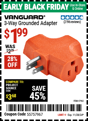 Harbor Freight Coupons, HF Coupons, 20% off - 3-way Grounded Adapter