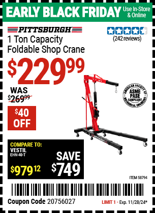 Harbor Freight Coupons, HF Coupons, 20% off - PITTSBURGH 1 Ton Capacity Foldable Shop Crane for $239.99