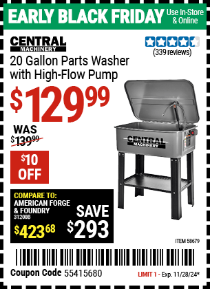 Harbor Freight Coupons, HF Coupons, 20% off - CENTRAL MACHINERY 20 gallon Parts Washer with High Flow Pump 