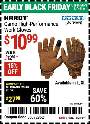 Harbor Freight Coupons, HF Coupons, 20% off - Hardy Camo Touchscreen Performance Work Gloves