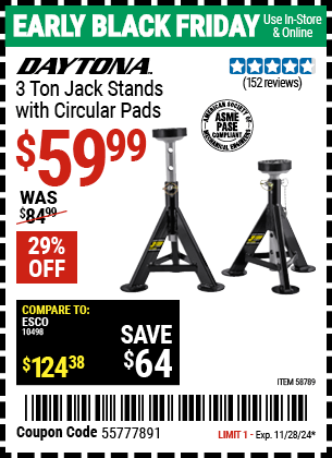 Harbor Freight Coupons, HF Coupons, 20% off - DAYTONA 3 Ton Jack Stands with Circular Pads for $69.99