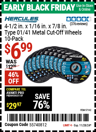 Harbor Freight Coupons, HF Coupons, 20% off - 4-1/2 in. x 1/16 in. x 7/8 in. Type 01/41 Metal Cut-off Wheel 10 Pk.