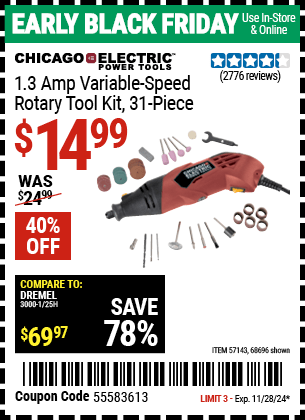 Harbor Freight Coupons, HF Coupons, 20% off - CHICAGO ELECTRIC Heavy Duty Variable Speed Rotary Tool Kit 31 Pc. for $17.99