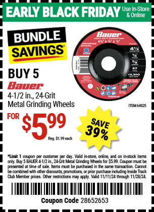 Harbor Freight Coupons, HF Coupons, 20% off - BAUER 4-1/2 in. 24 Grit Metal Grinding Wheel for $0.99