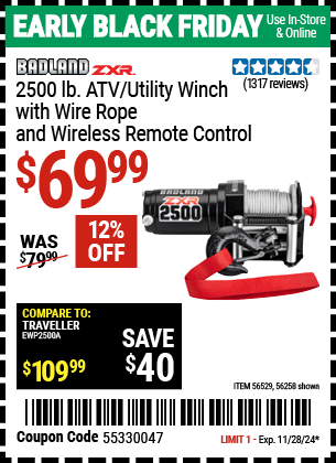 Harbor Freight Coupons, HF Coupons, 20% off - BADLAND ZXR 2500 LB. ATV/Utility Electric Winch with Wireless Remote Control