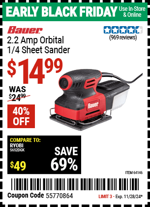 Harbor Freight Coupons, HF Coupons, 20% off - 2.2 Amp 1/4 Sheet Heavy Duty Palm Finishing Sander