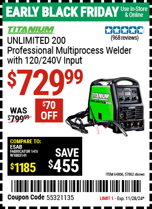 Harbor Freight Coupons, HF Coupons, 20% off - TITANIUM Unlimited 200 Professional Multiprocess Welder with 120/240 Volt Input for $699.99