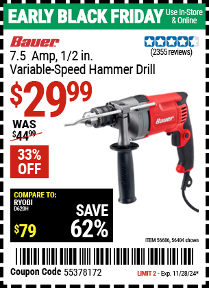 Harbor Freight Coupons, HF Coupons, 20% off - 1/2 in.  7.5  Amp Variable Speed Reversible Hammer Drill