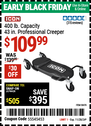 Harbor Freight Coupons, HF Coupons, 20% off - ICON 43 in. Professional Creeper for $109.99