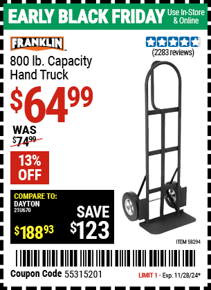 Harbor Freight Coupons, HF Coupons, 20% off - FRANKLIN 800 lb. Capacity Hand Truck 