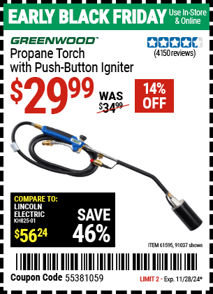 Harbor Freight Coupons, HF Coupons, 20% off - Propane Torch With Push Button Igniter