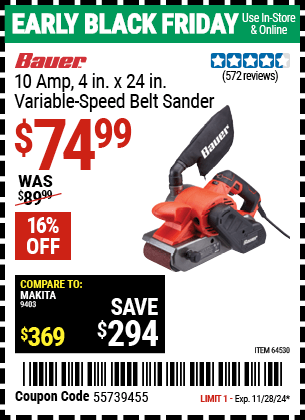 Harbor Freight Coupons, HF Coupons, 20% off - 10 Amp 4 in. x 24 in. Variable Speed Belt Sander