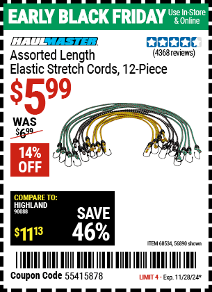 Harbor Freight Coupons, HF Coupons, 20% off - 12 Piece Assorted Length Elastic Stretch Cords