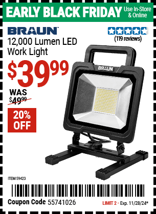 Harbor Freight Coupons, HF Coupons, 20% off - BRAUN 12 -000 Lumen LED Work Light for $42.99