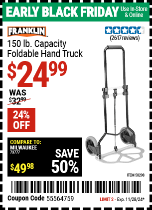 Harbor Freight Coupons, HF Coupons, 20% off - FRANKLIN 150 lb. Capacity Foldable Hand Truck 