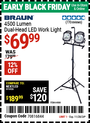 Harbor Freight Coupons, HF Coupons, 20% off - 4500 Lumen Dual Head Led Work Light