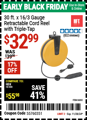 Harbor Freight Coupons, HF Coupons, 20% off - 30 Ft. Retractable Cord Reel With Triple Tap