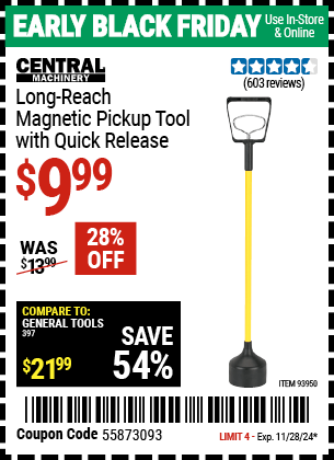 Harbor Freight Coupons, HF Coupons, 20% off - CENTRAL MACHINERY Long Reach Magnetic Pickup Tool with Quick Release 