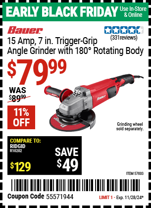 Harbor Freight Coupons, HF Coupons, 20% off - 15  Amp 7 in.  Trigger Grip Angle Grinder with 180 Rotating Body