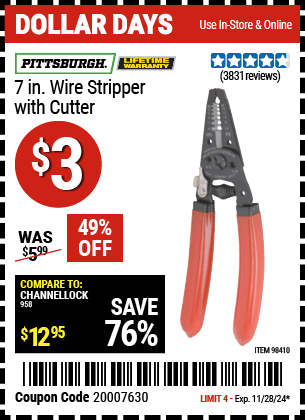 Harbor Freight Coupons, HF Coupons, 20% off - PITTSBURGH 7 in. Wire Stripper with Cutter for $2.99