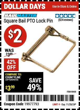 Harbor Freight Coupons, HF Coupons, 20% off - Square Bail Pto Lock Pin