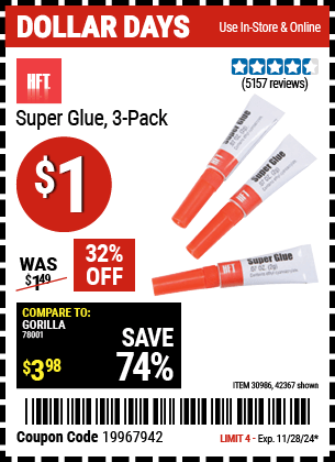 Harbor Freight Coupons, HF Coupons, 20% off - Super Glue Pack Of 3